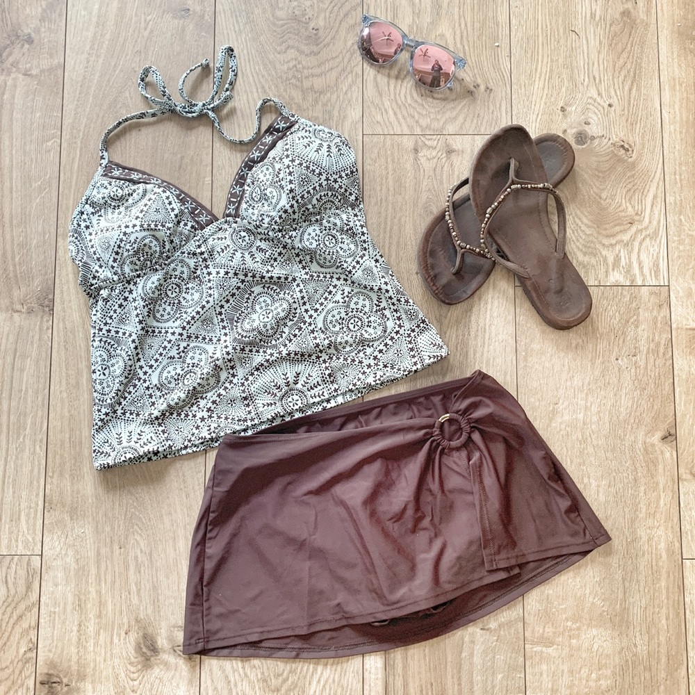 2pc swimsuit tankini brown top & bottom/skirt 8 M